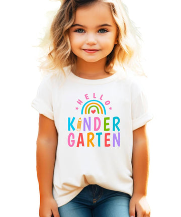 Hello Kindergarten Shirt for Girls Rainbow Back to School First Day Graphic Tee Kids Pink Shirt Youth Small
