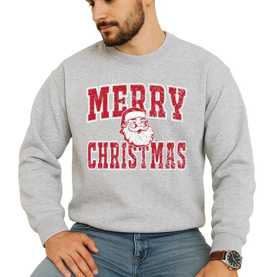 Vintage Merry Christmas Santa sweatshirt detail shot highlighting red distressed lettering