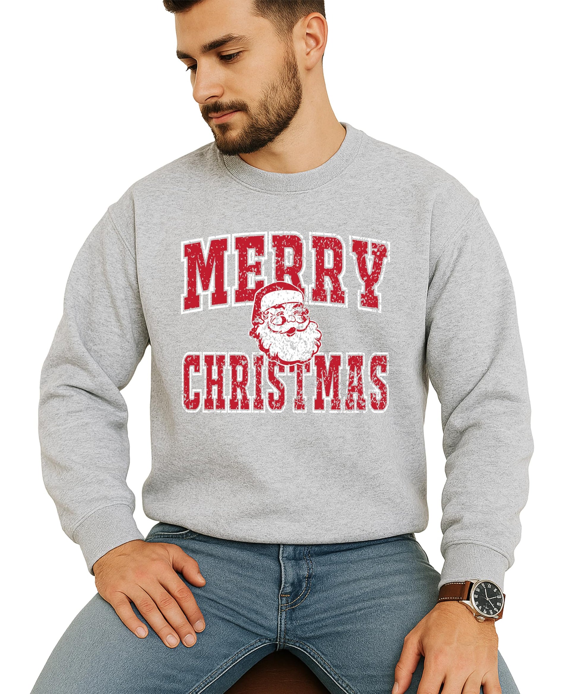 Vintage Merry Christmas Santa sweatshirt detail shot highlighting red distressed lettering