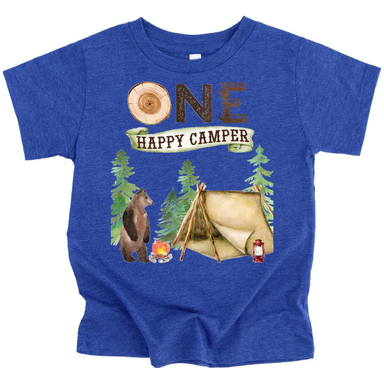 One Fun Camper gray toddler t-shirt with camping graphics and text for 1st birthday