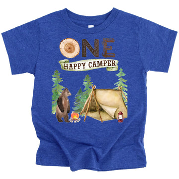 One Fun Camper gray toddler t-shirt with camping graphics and text for 1st birthday