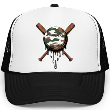 Camo Baseball Unisex Trucker Hat Melting Ball & Bat Classic 5 Panel Foam Front Mesh Snapback