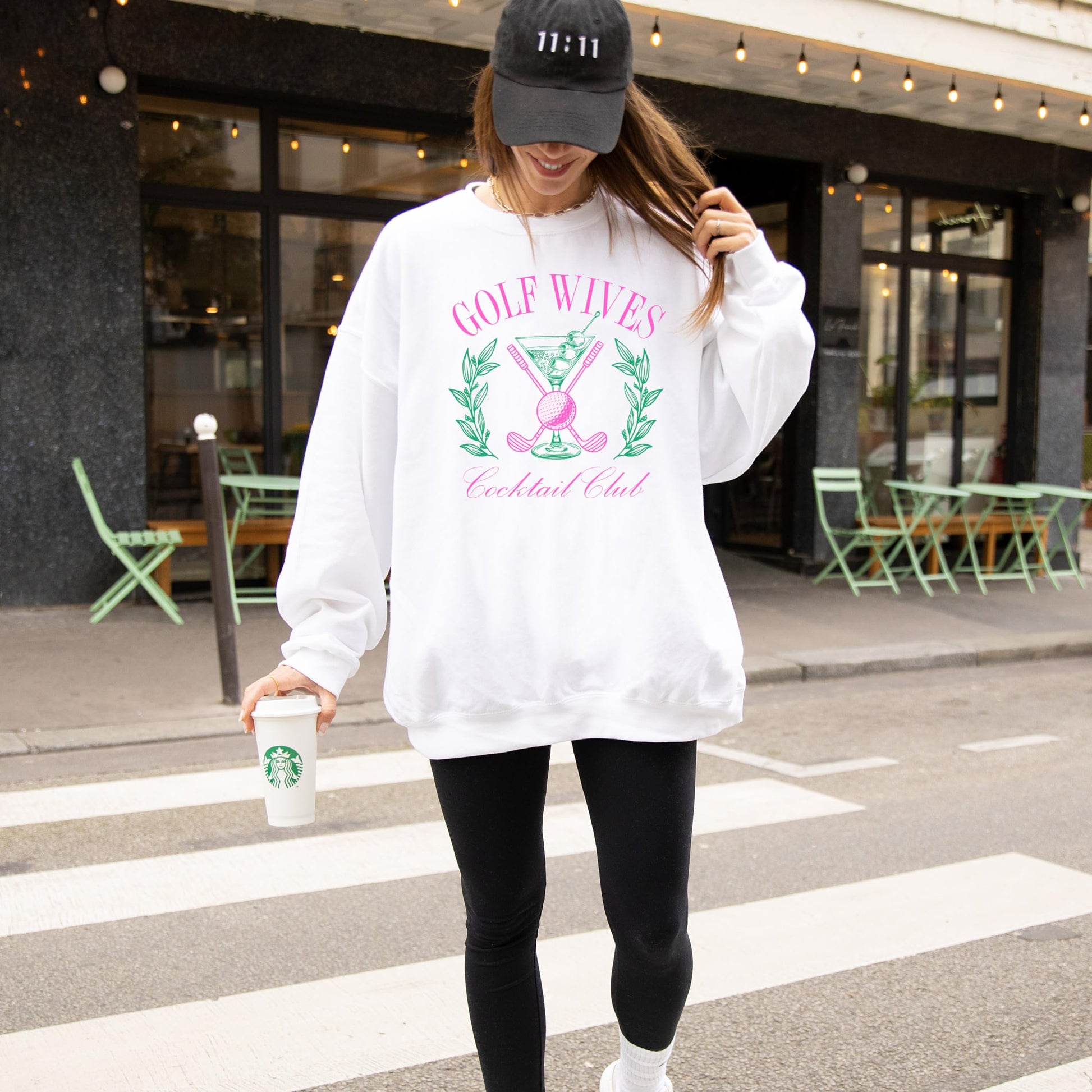 Funny graphic sweatshirt for women with Golf Wives Cocktail Club design in white