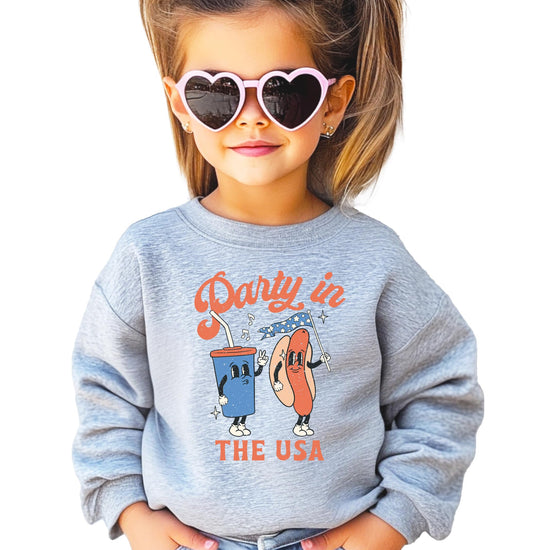 Front view of Olive Loves Apple Party In The USA patriotic crewneck sweatshirt