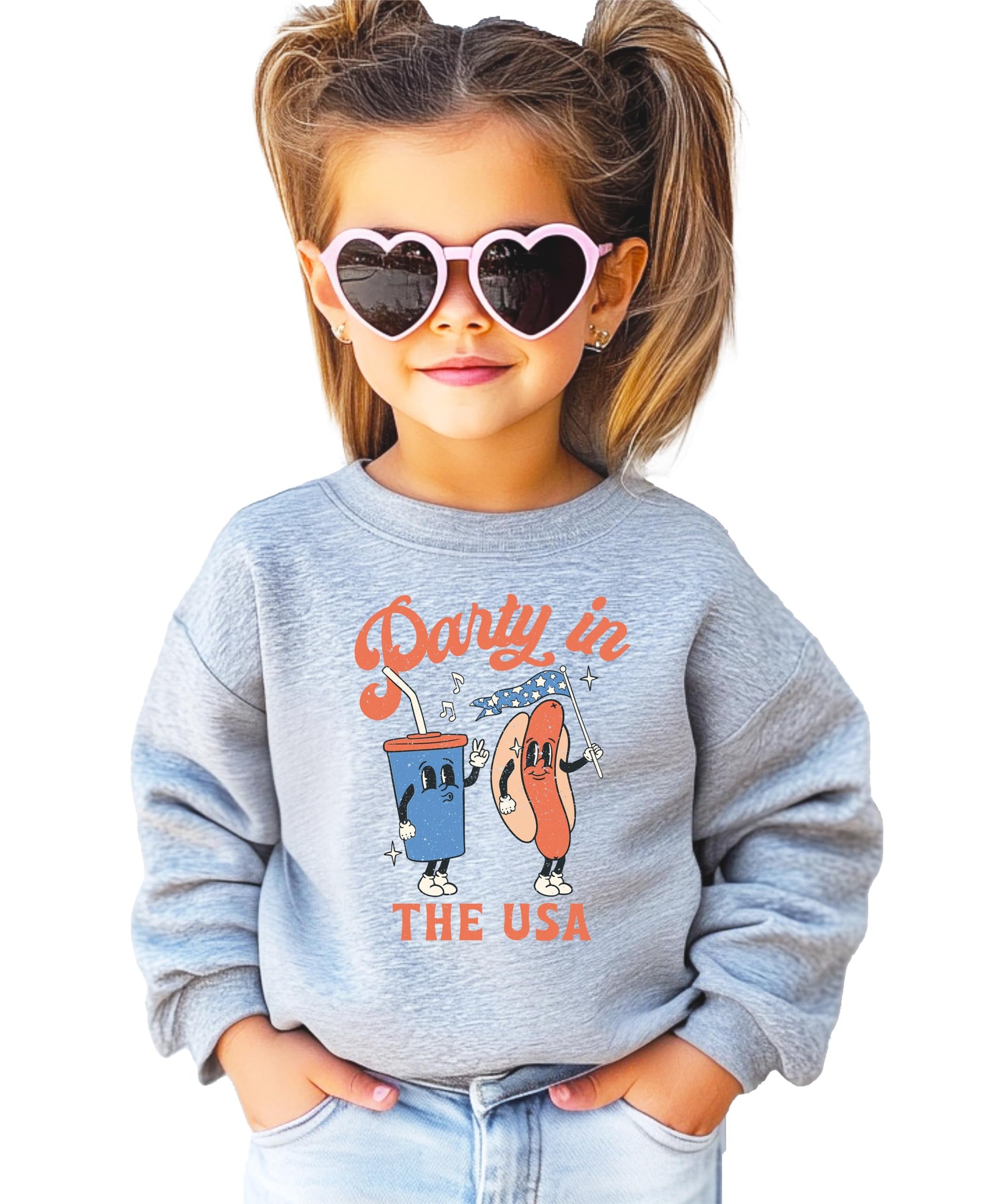 Front view of Olive Loves Apple Party In The USA patriotic crewneck sweatshirt