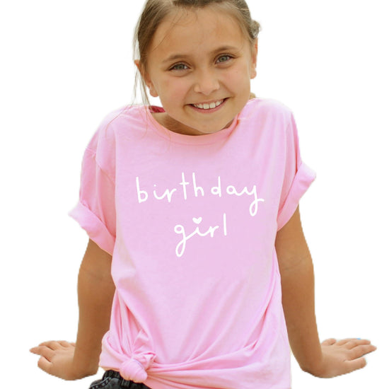 Military green youth tee with white Birthday Girl heart graphic design by Olive Loves Apple