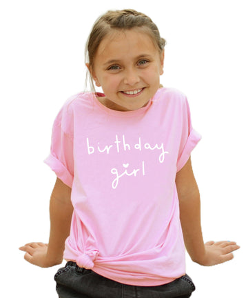 Military green youth tee with white Birthday Girl heart graphic design by Olive Loves Apple