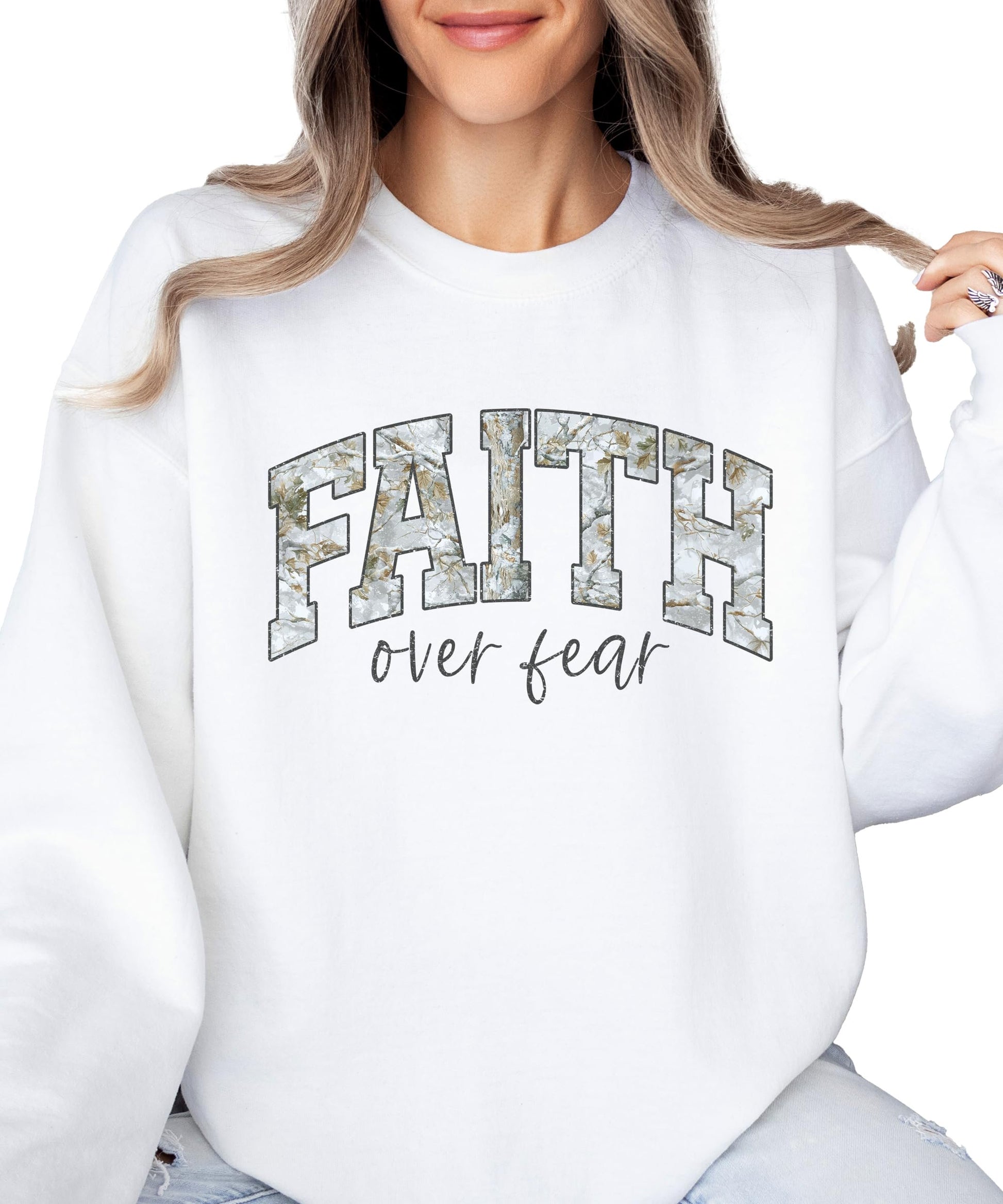 Faith Over Fear Christian sweatshirt styled for casual spring outfit