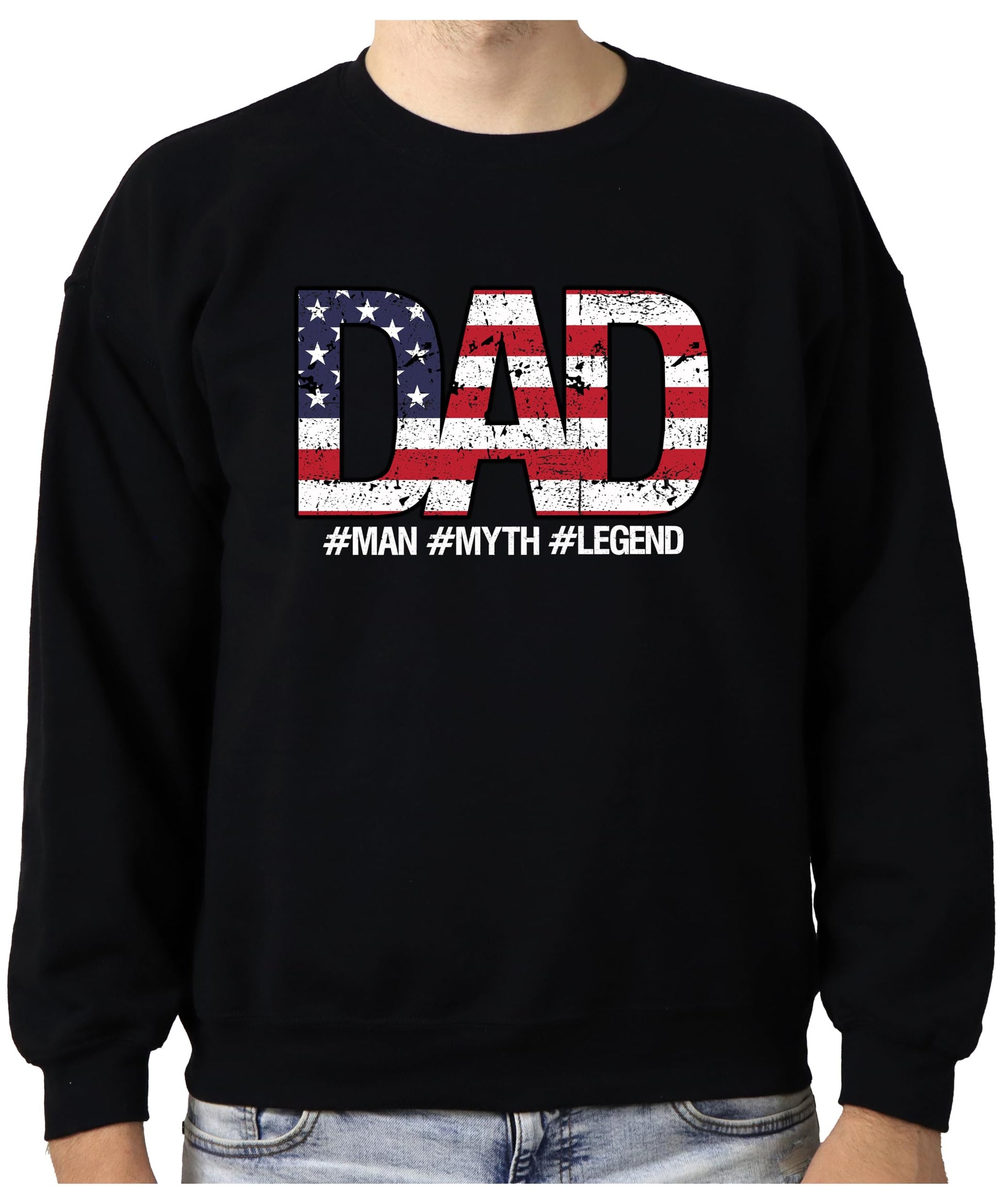 Patriotic gray sweatshirt with bold DAD graphic and hashtag Man Myth Legend text below