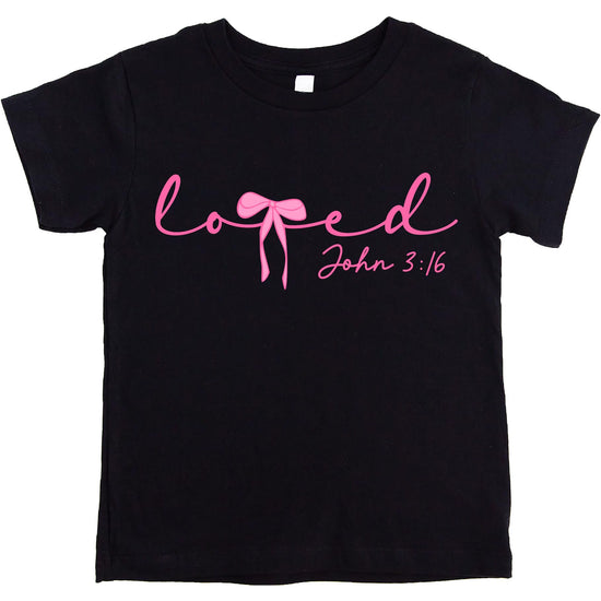 Close-up of John 3:16 Bible verse and pink bow print on Valentine's Day graphic tee