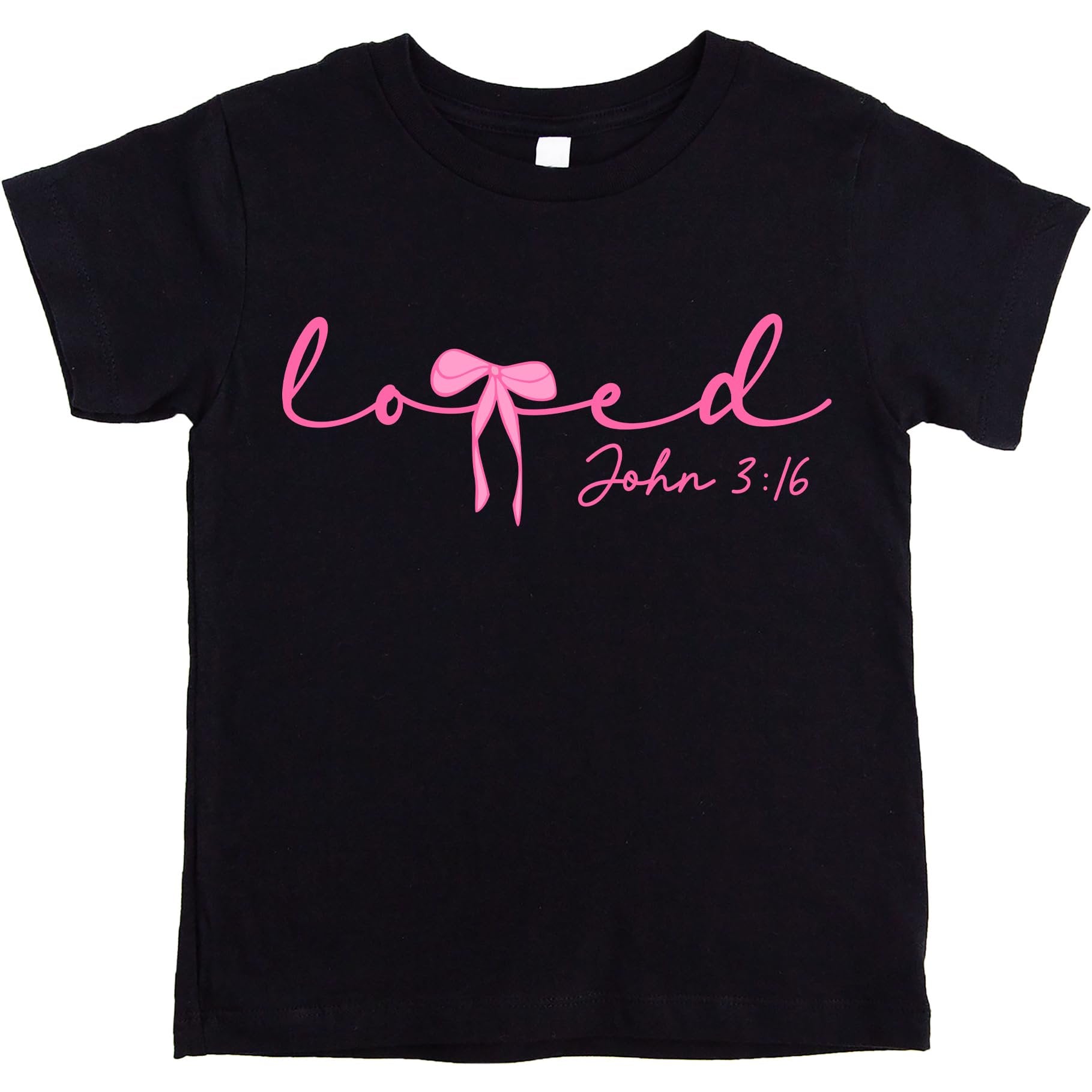 Close-up of John 3:16 Bible verse and pink bow print on Valentine's Day graphic tee
