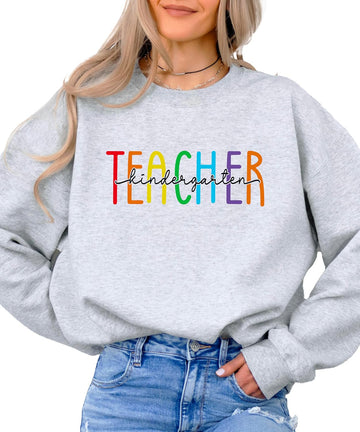 Olive Loves Apple Kindergarten Teacher Sweatshirt for Women Colorful Rainbow Back to School Crewneck