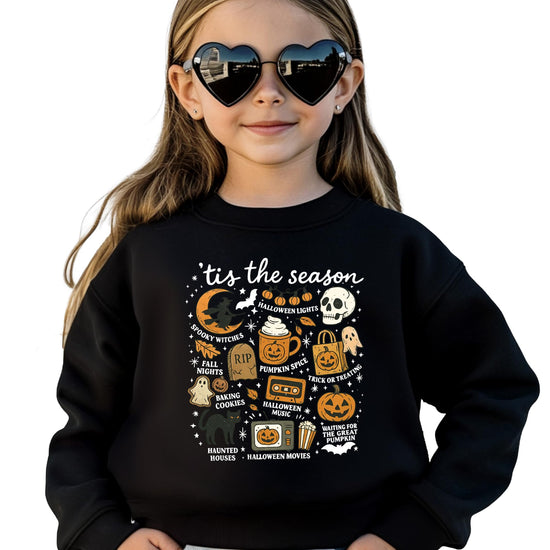 Model wearing gray Tis The Season Halloween crewneck sweatshirt front view