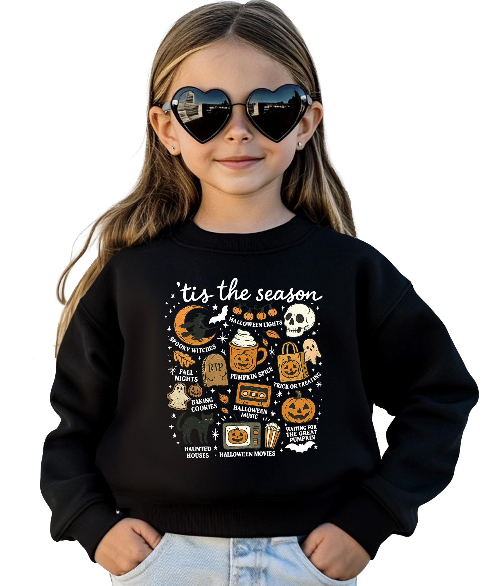 Model wearing gray Tis The Season Halloween crewneck sweatshirt front view