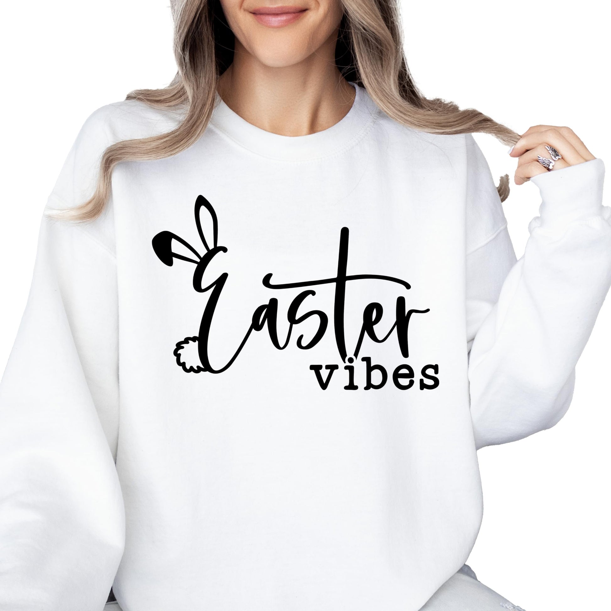 Easter Vibes women's sweatshirt laid flat showing full graphic and soft fleece material