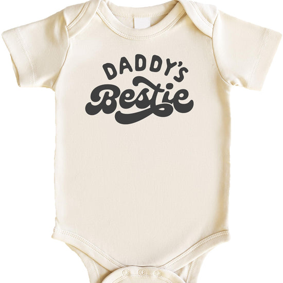 Daddy's Bestie baby onesie displayed front view on a neutral background, retro dad's best friend design