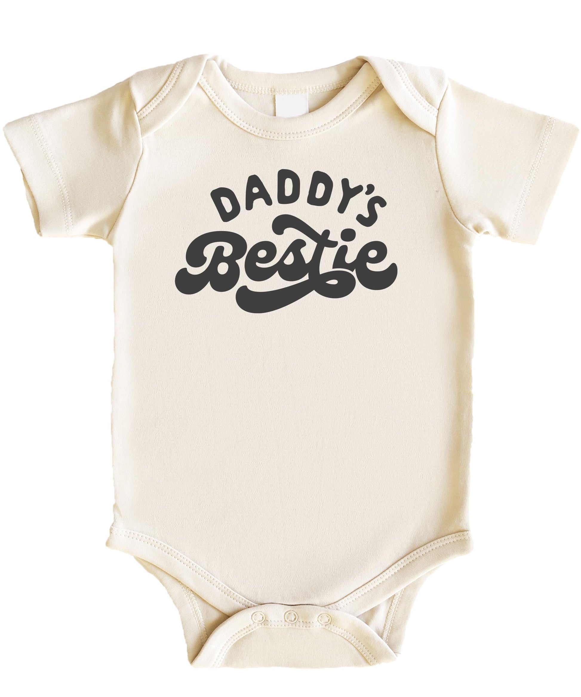 Daddy's Bestie baby onesie displayed front view on a neutral background, retro dad's best friend design