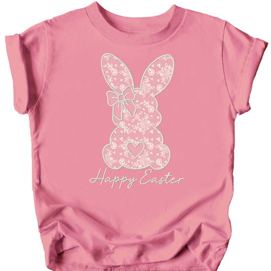 Black Easter bunny tee with bow design and script lettering for youth girls