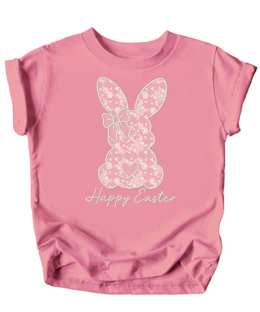 Black Easter bunny tee with bow design and script lettering for youth girls
