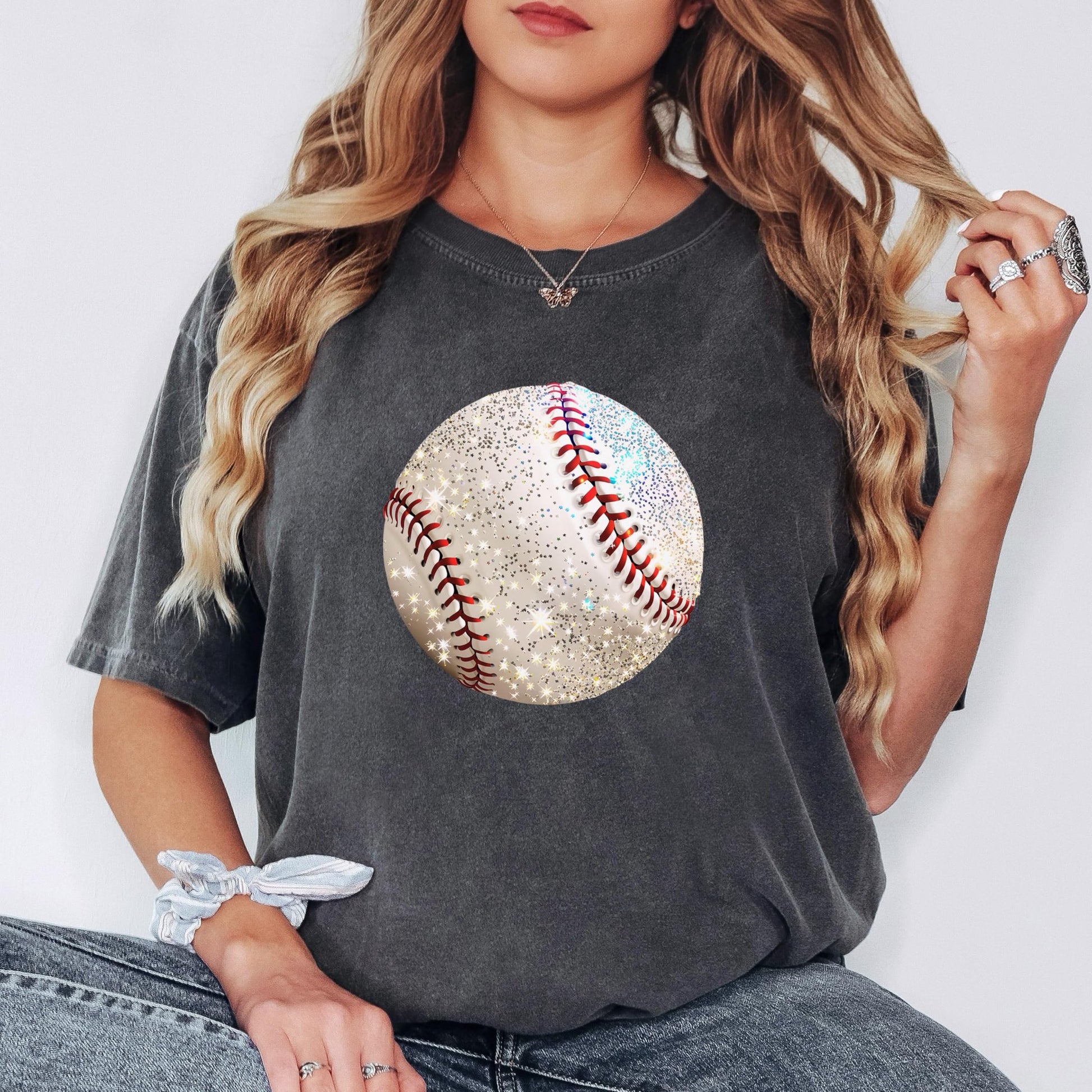 Side view of oversized girly glitter baseball tee in seafoam color