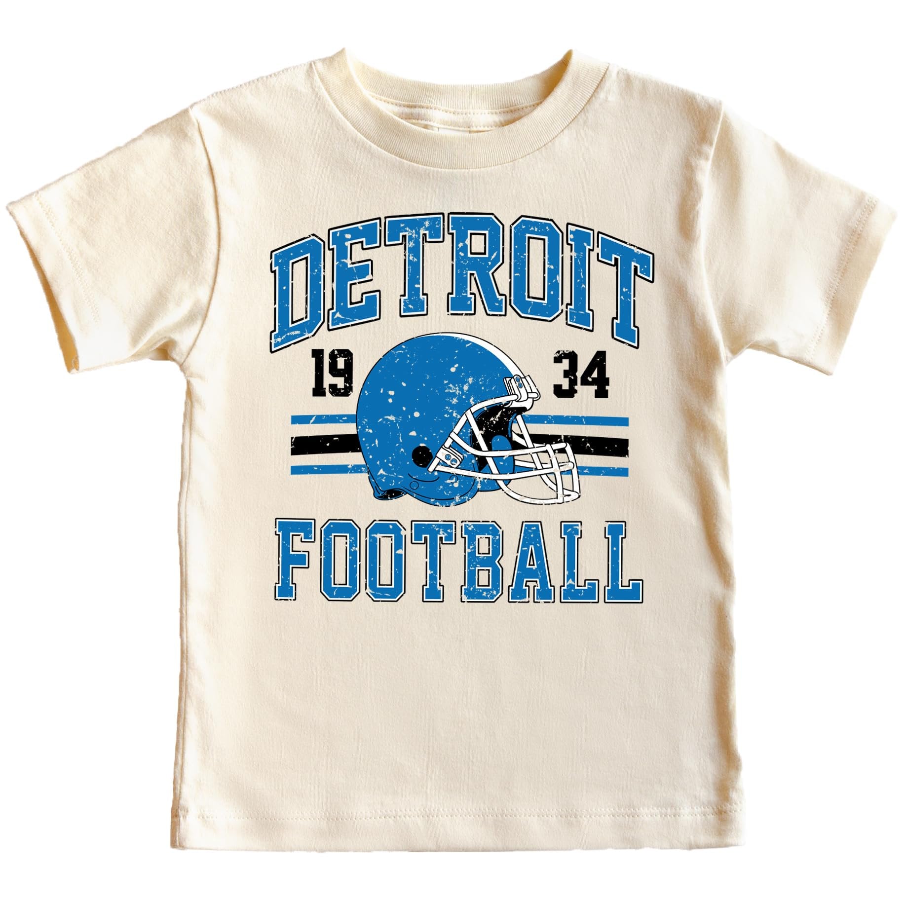 Close-up view of distressed Detroit Football 1934 print in bold blue and black lettering on heather gray shirt