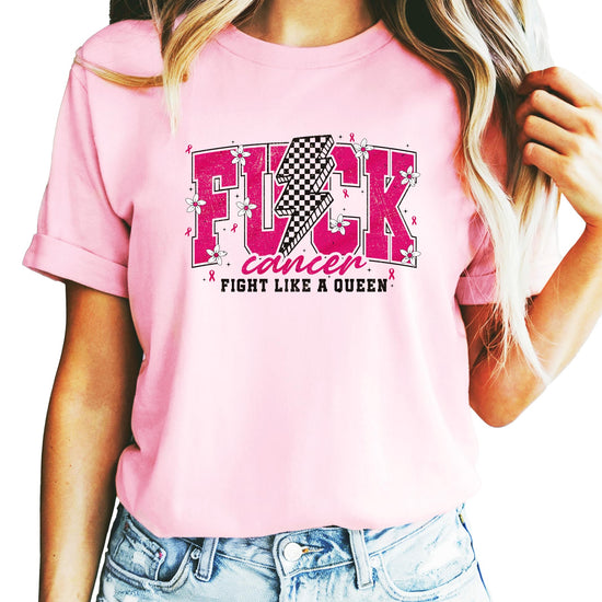 Close-up view of Fight Like a Queen graphic print with pink ribbon cancer awareness design