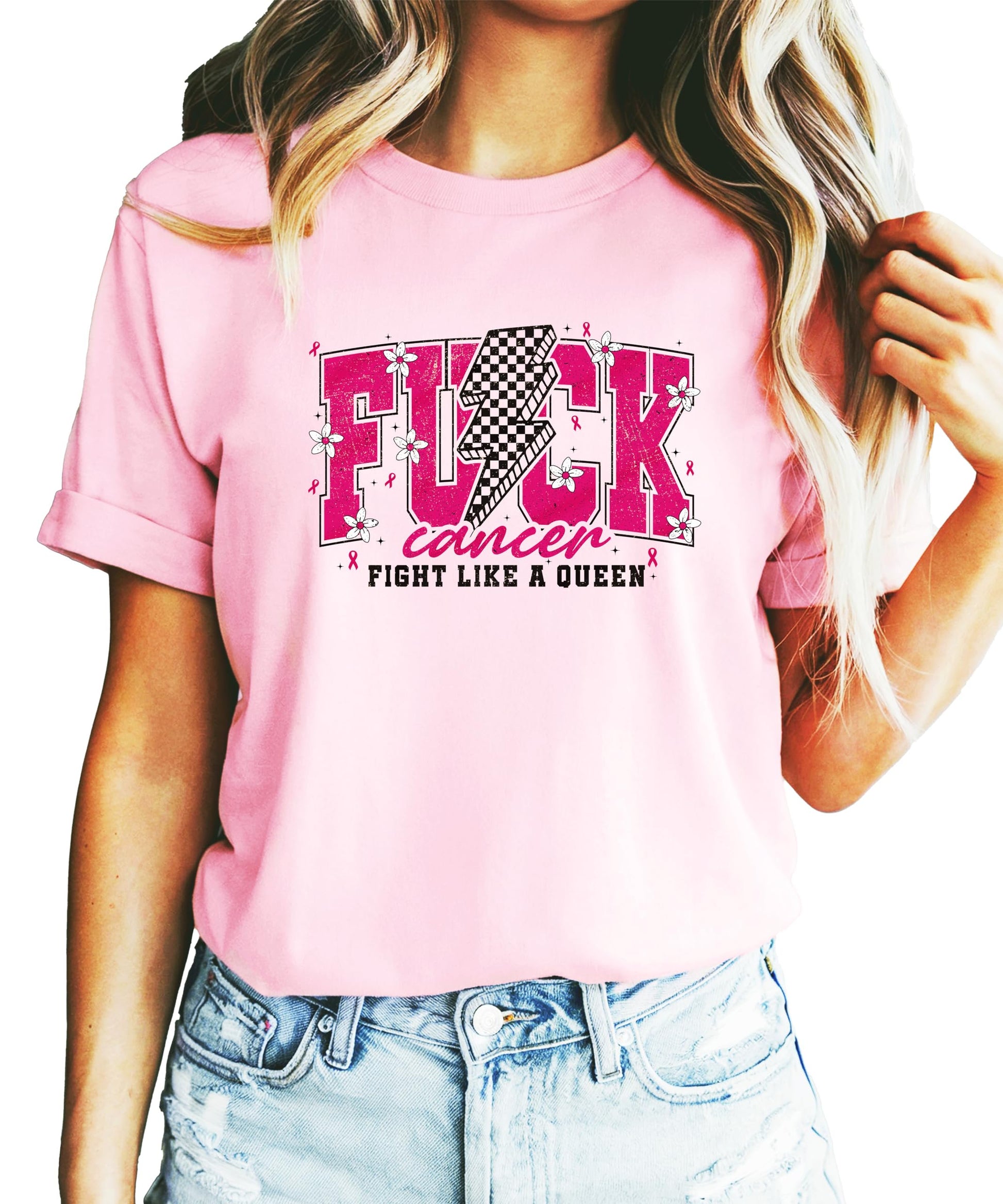 Close-up view of Fight Like a Queen graphic print with pink ribbon cancer awareness design