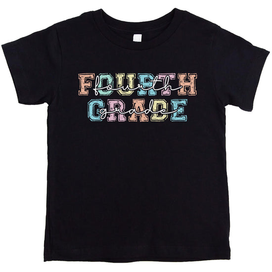 Close-up of bold pastel 4th grade graphic print on a soft kids tee from Olive Loves Apple