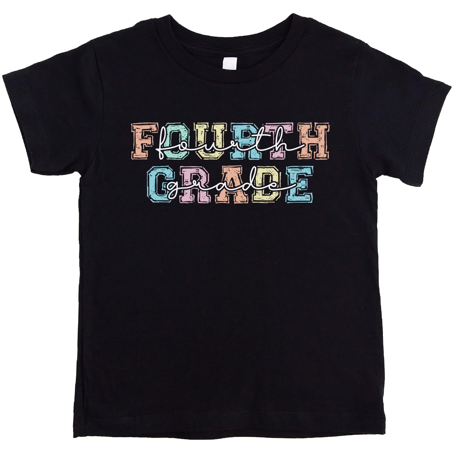 Close-up of bold pastel 4th grade graphic print on a soft kids tee from Olive Loves Apple