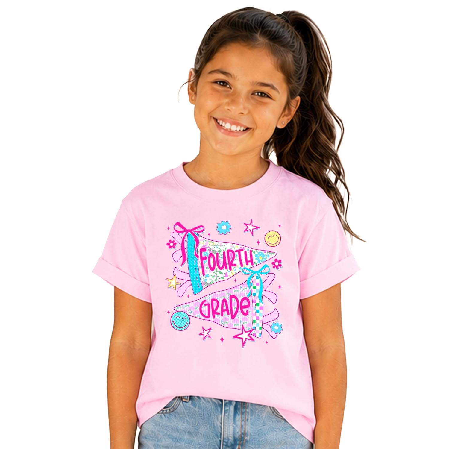 Close-up of Fourth Grade graphic tee showing bubbly pink lettering, ditsy florals, and banner pennant design