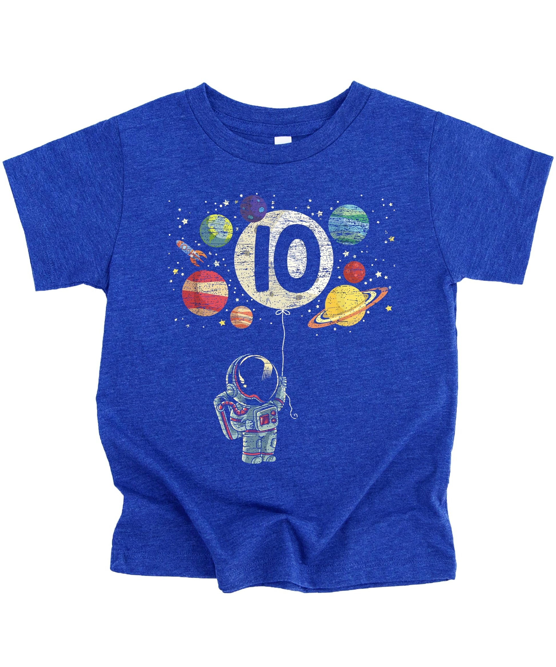 Young boy wearing Olive Loves Apple 10th birthday astronaut shirt in vintage royal