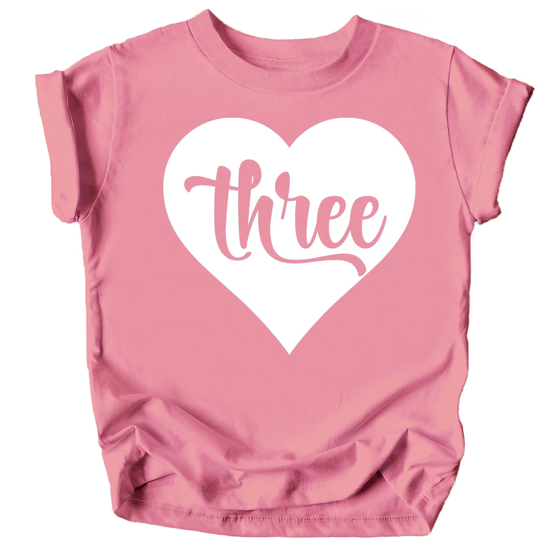 Pink toddler tee with Three in Heart graphic design for girls 3rd birthday