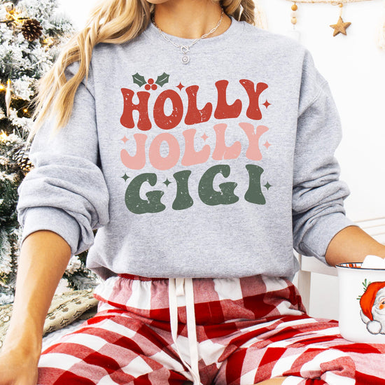 Holly Jolly Gigi sweatshirt for grandma styled for holiday family gathering