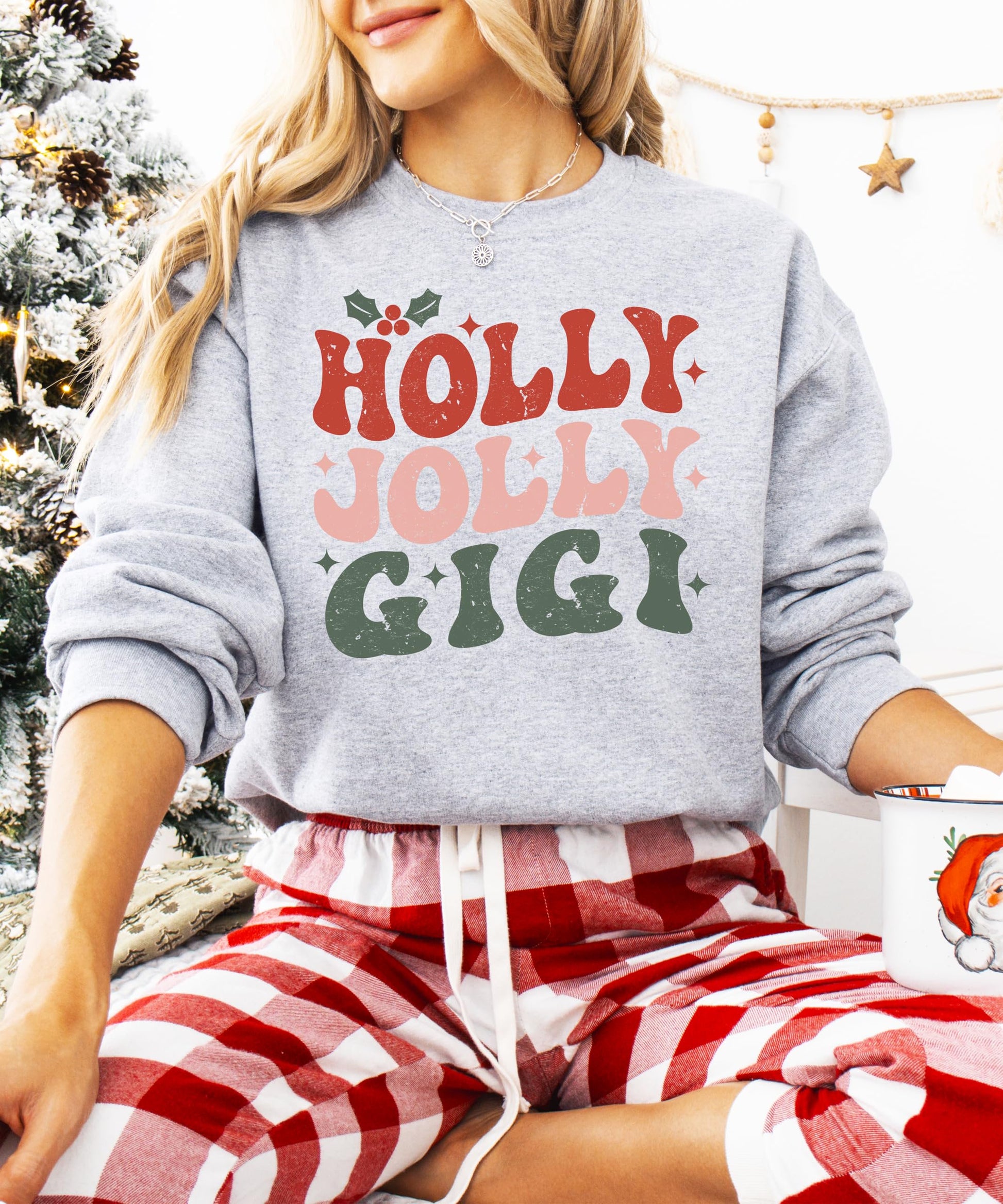 Holly Jolly Gigi sweatshirt for grandma styled for holiday family gathering