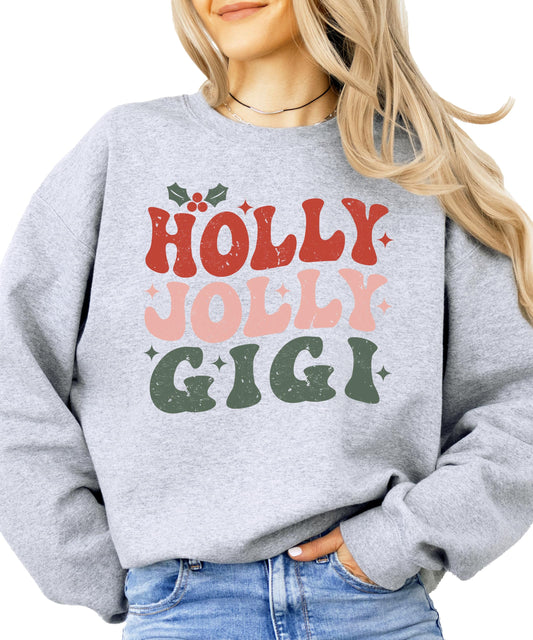 Close-up of Holly Jolly Gigi retro holiday graphic print on gray women's sweatshirt