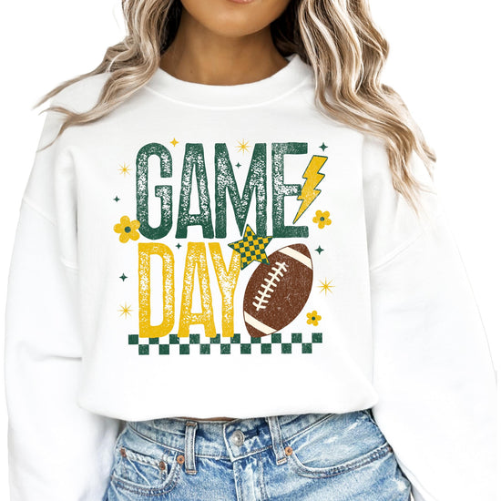 Green and yellow football with flowers graphic on gray crewneck sweatshirt