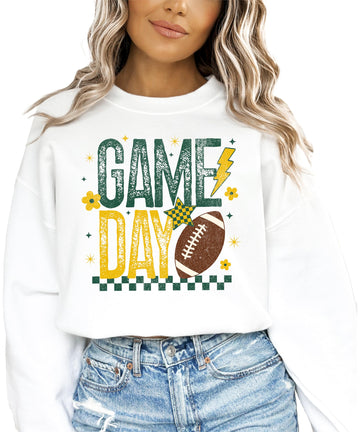 Green and yellow football with flowers graphic on gray crewneck sweatshirt