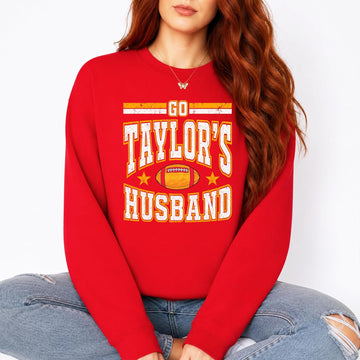 Model wearing Go Taylor's Husband game day crewneck sweatshirt in relaxed fit