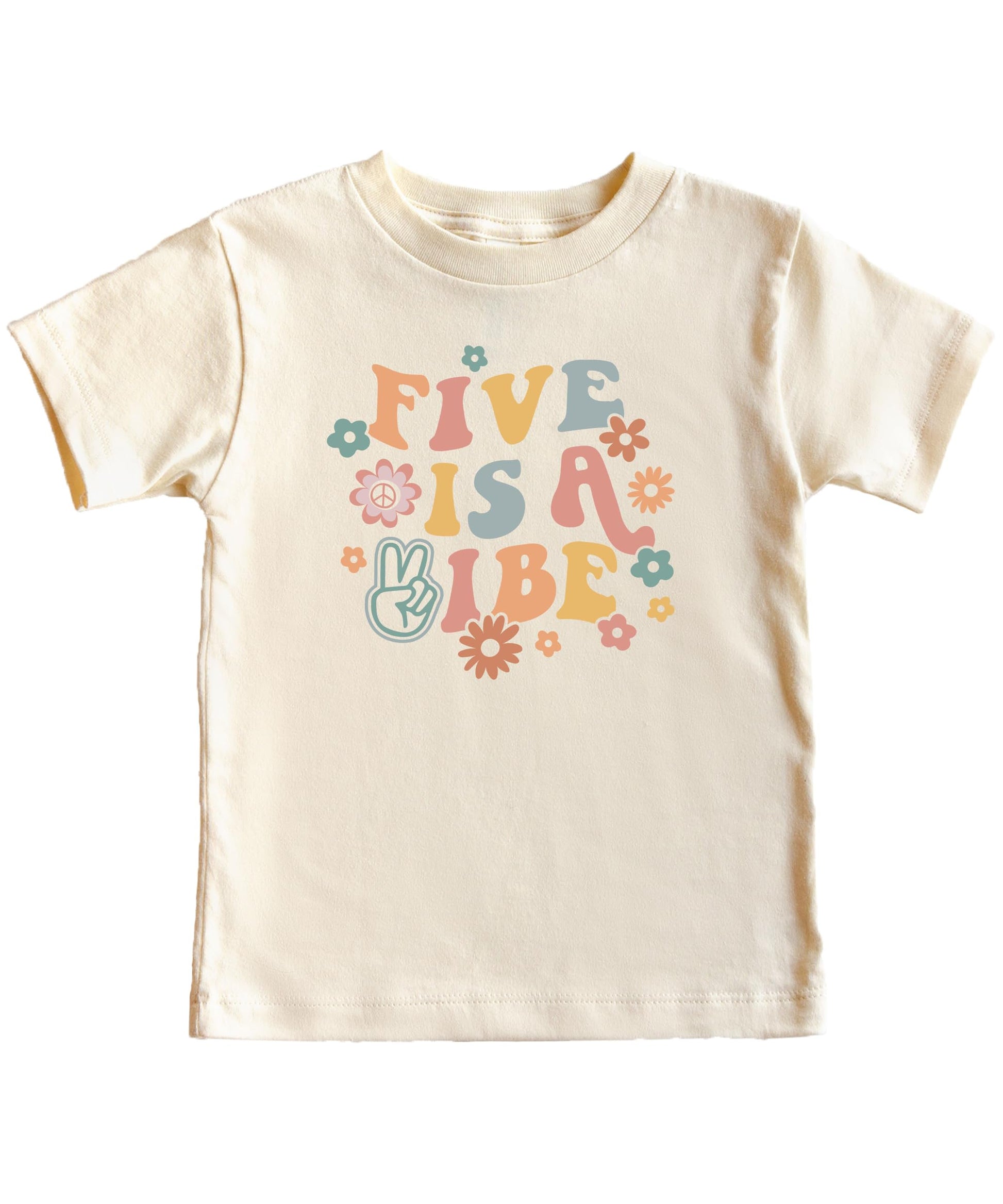 Five is a Vibe girls birthday shirt laid flat showing full retro graphic design with colorful flowers