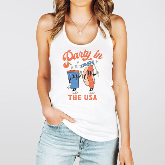 Retro 4th of July Cartoon Hot Dog and Drink Tank Top for Women and Teens Patriotic Shirt