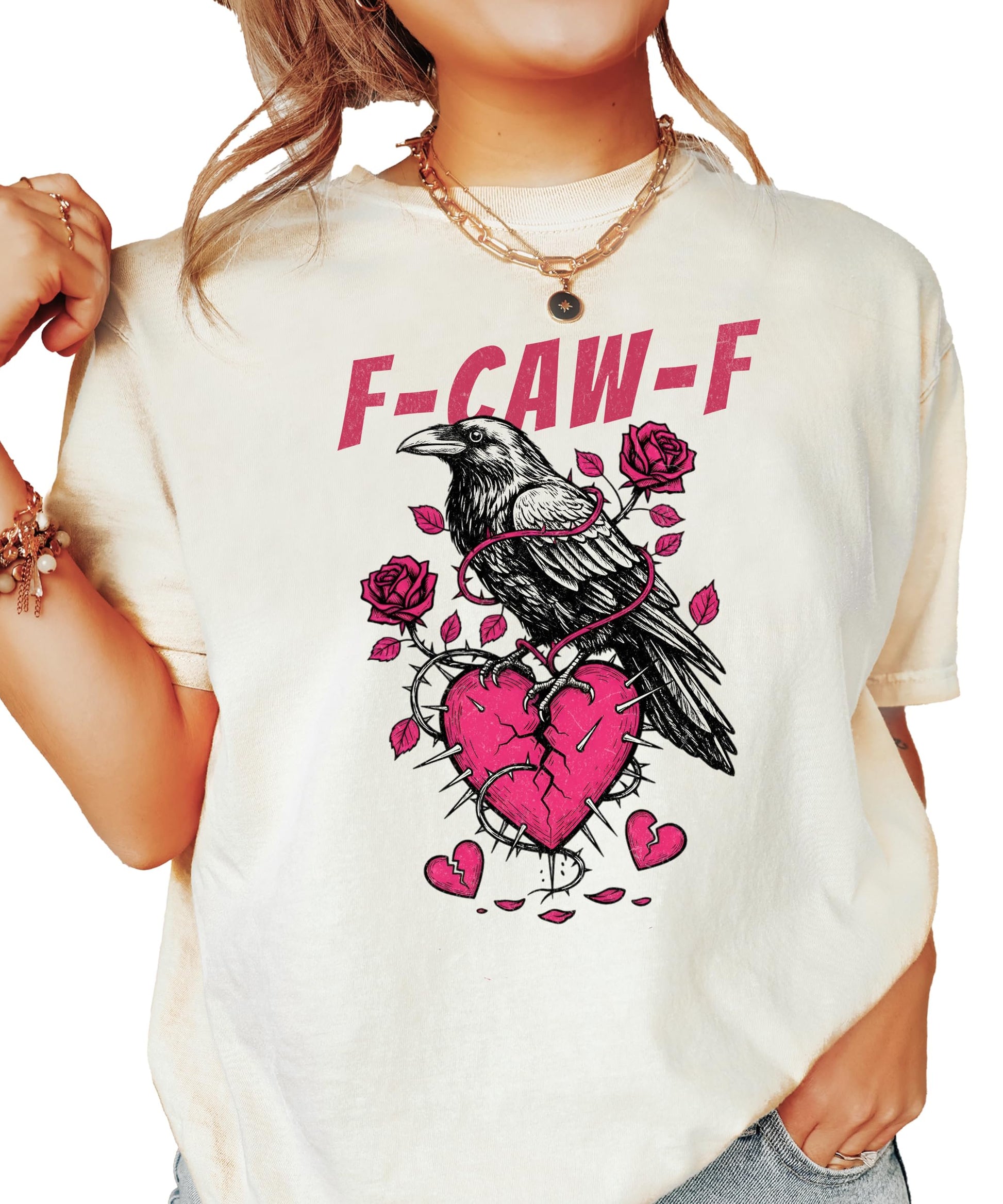 Ivory women's graphic tee with a crow and broken heart design, funny anti-Valentine's Day shirt