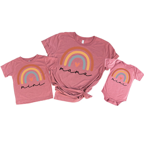 Mommy and me matching peach rainbow heart cursive graphic tee and baby bodysuit by Olive Loves Apple