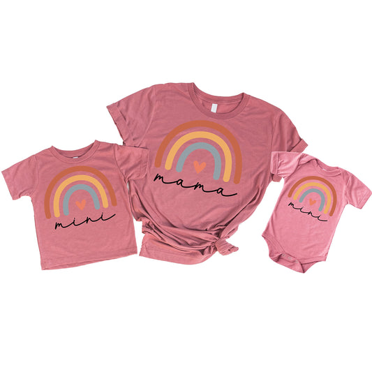 Mommy and me matching peach rainbow heart cursive graphic tee and baby bodysuit by Olive Loves Apple