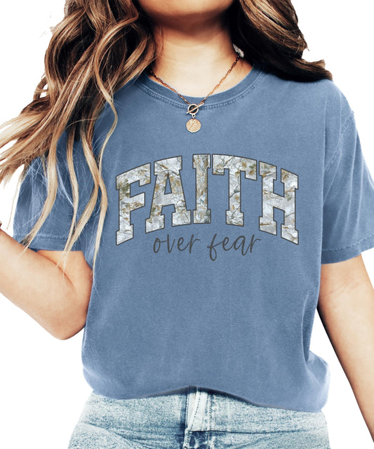 Camo Faith Over Fear Shirt for Women Christian Graphic Tee Inspirational Religious T-Shirt
