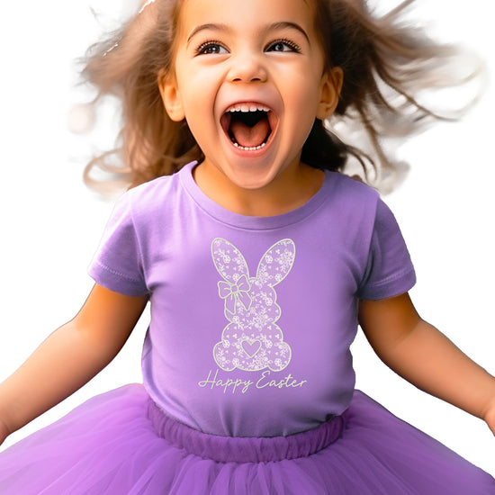 Happy Easter girls shirt with decorative bunny and script font details