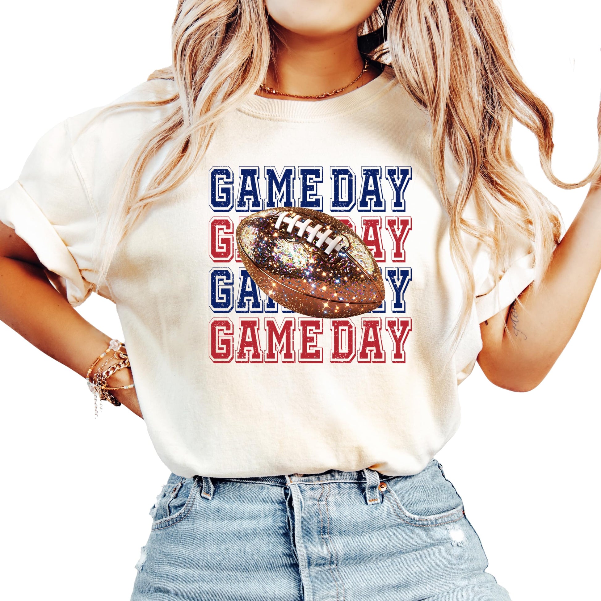 Blue and red faux glitter Game Day football graphic pullover shirt for women and teens