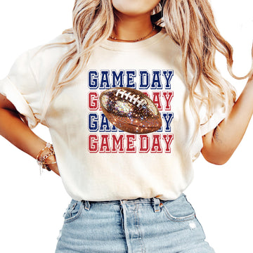 Blue and red faux glitter Game Day football graphic pullover shirt for women and teens