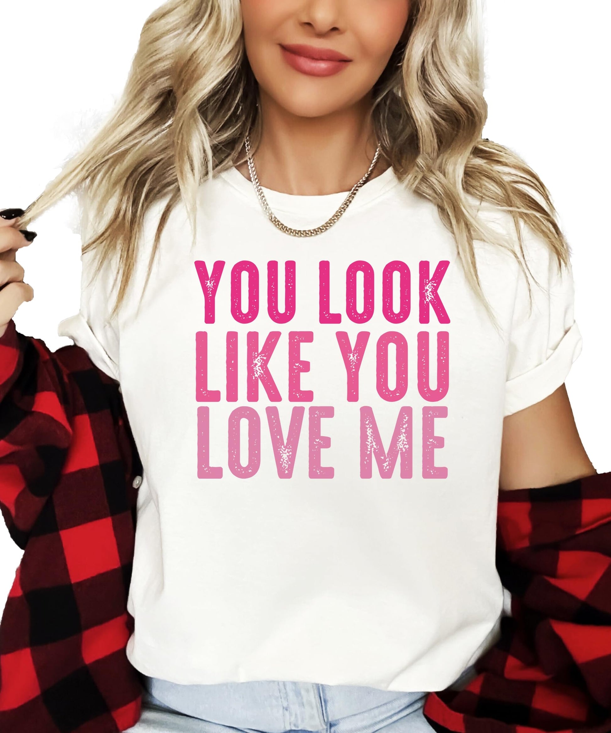 Back view of You Look Like You Love Me women's graphic t-shirt showing fit
