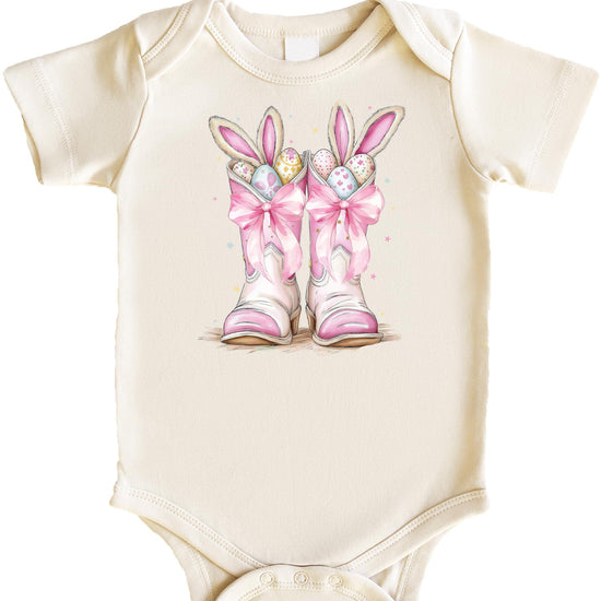 Baby girl bodysuit with pink cowboy boots and pastel Easter eggs western Easter graphic design