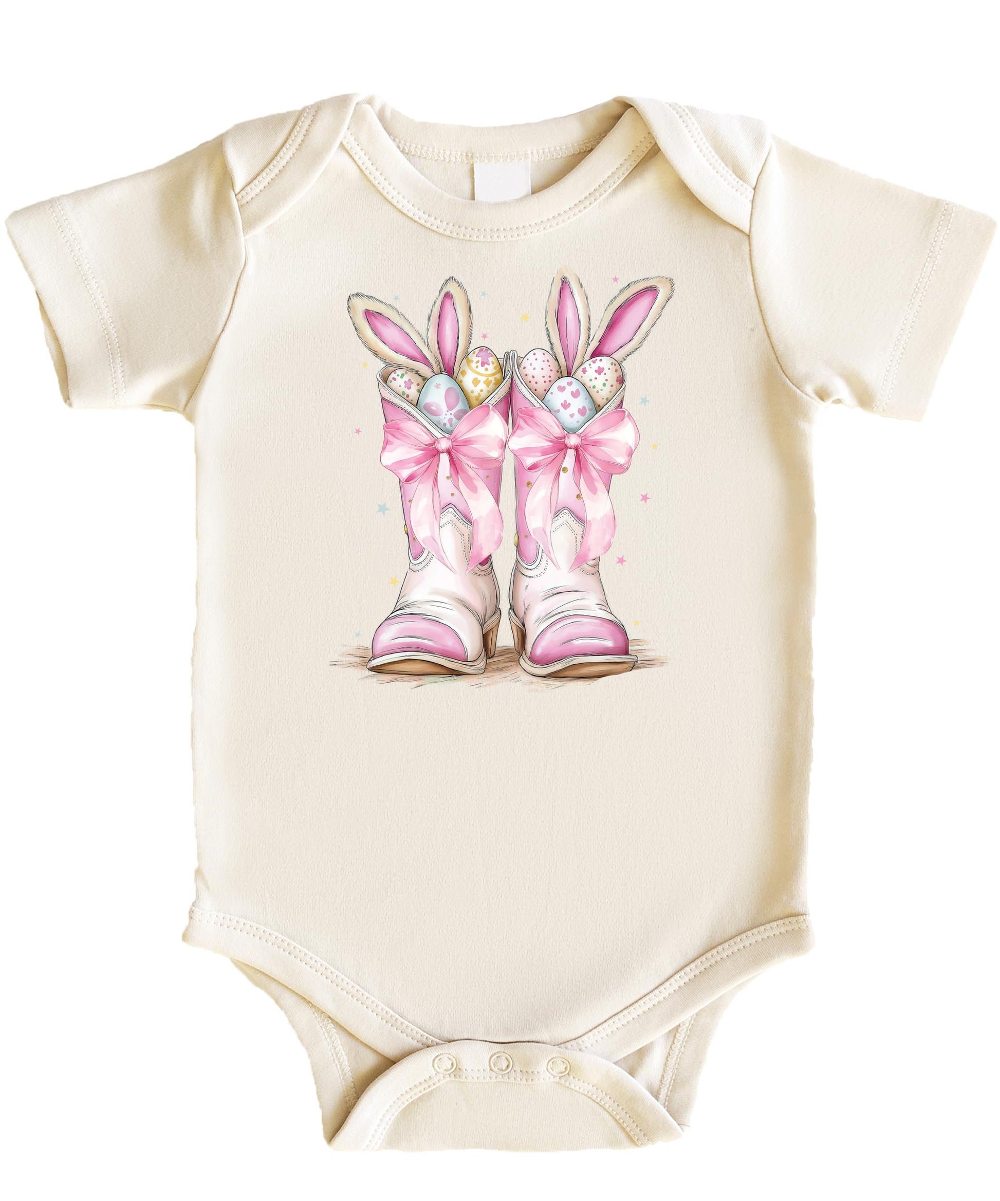 Baby girl bodysuit with pink cowboy boots and pastel Easter eggs western Easter graphic design